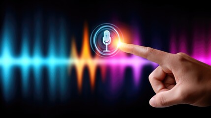 A hand pressing a microphone icon against a colorful sound wave background.