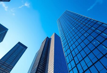 Steel and glass skyscrapers pierce a vibrant blue sky, facade, city