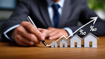 A professional analyzing market growth through real estate models and statistics.