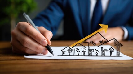 A professional sketches real estate growth trends on paper with a pen.