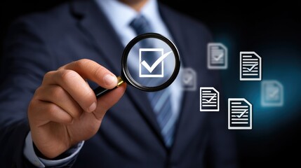 Business professional inspecting documents through a magnifying glass for verification.