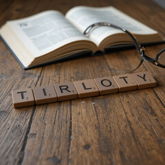trilogy word or concept represented by wooden letter tiles on a wooden table with glasses and a book