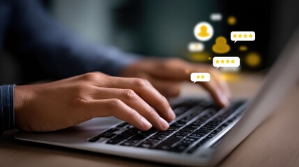 Hands typing on a laptop with floating chat icons symbolizing digital communication.