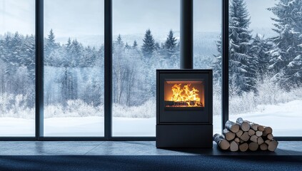 Cozy winter scene with a modern fireplace and snowy view