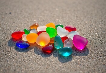 Smooth, colorful sea glass gleams on wet sand, colorful, design
