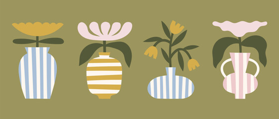 Vintage flower in striped vases vector illustrations set. Neutral colors minimalist florals clipart