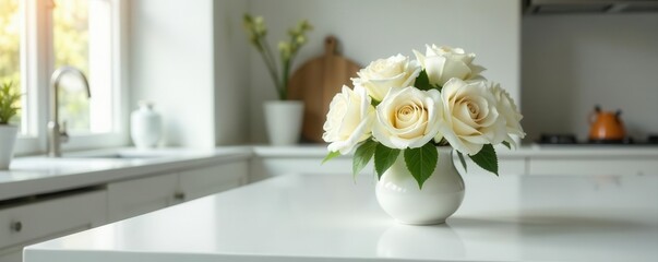 Elegant white floral arrangement on pristine kitchen table, floral design, floral, blossoms