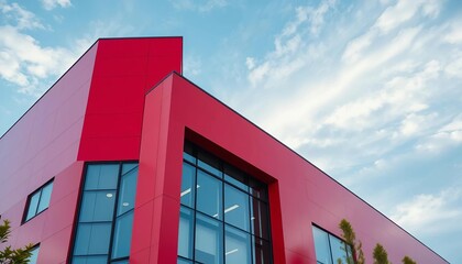 Sleek modern office building clad in red & gray aluminum composite panels, glass wall detail, glass wall, perspective