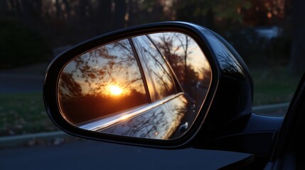 Obraz premium Side Mirror Reflecting Sunset in Autumn Landscape