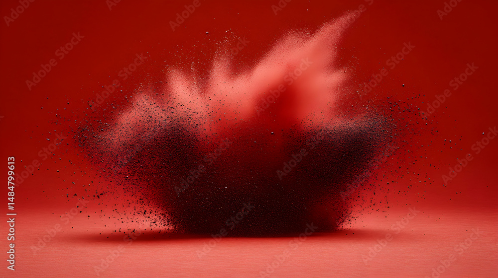 Poster abstract red and black powder explosion on red background. dynamic, energetic, artistic image ideal 