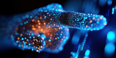 Futuristic Glowing Hand in Digital Tech Scene is a premium-quality stock image ideal for use in lifestyle blogs, health content, promotional campaigns, and editorial publications.