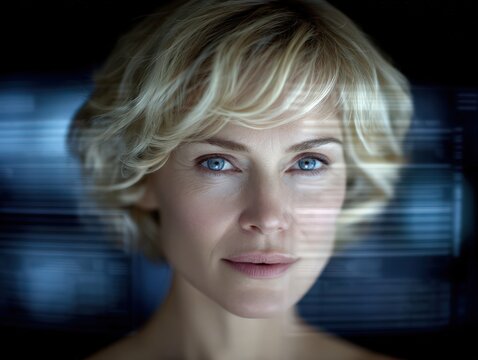 A focused blonde woman gazing attentively while surrounded by digital data streams showcasing modern technology and innovation reflecting resilience and clarity in information processing