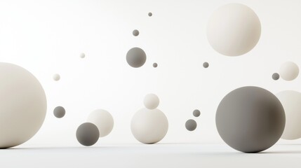 A 3D rendering of spheres in various shades of gray and white, floating against a white background.