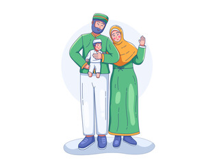 Illustration of a happy Muslim family consisting of a father, mother, and their baby. The father is holding the baby in his arms, and the mother, wearing a hijab, is waving her hand. 