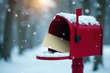 Small hand dropping letter into red mailbox, snow falling , december, childhood, mailbox