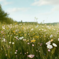 Wildflower Field With Colorful Blooms Bathed In Soft Sunlight And Gentle Breeze