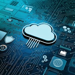 Digital illustration showing a cloud icon within a circuit board emphasizing cloud computing technology and innovation in connected networks and data storage solutions.