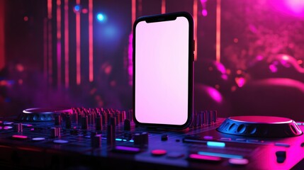 Smartphone Display on DJ Mixer in Vibrant Nightclub Setting