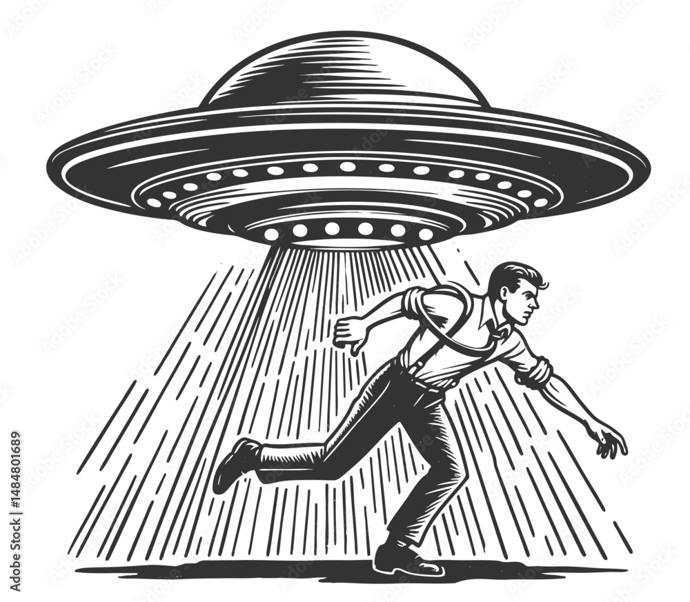 Poster ufo beaming up a man in a suit, depicting an alien abduction with classic sci-fi aesthetics sketch e
