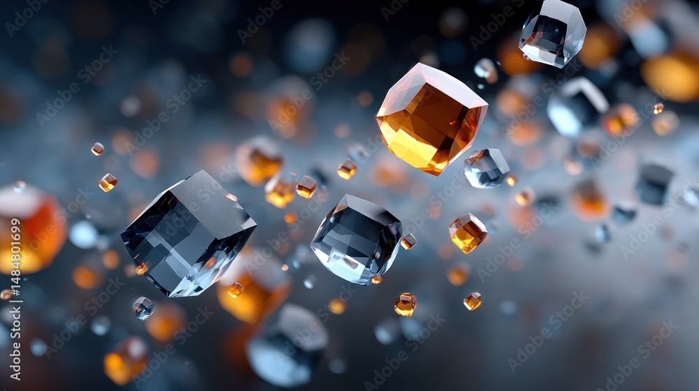 Poster Abstract Background of Floating Crystal Cubes in Orange and Blue Hues