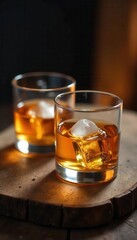 Two glasses of amber whiskey, ice cubes melting on rustic wood , chilled, overhead, bourbon