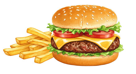 Delicious Cheeseburger with Fries Watercolor Illustration on Black Background