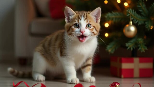 Funny small attractive domestic cats. Playful kitty near christmas tree. Vertical