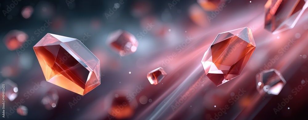 Poster sparkling amber crystals floating in motion abstract background