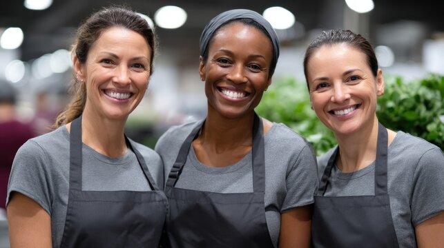 Happy Diverse Female Team Wearing Aprons Smiling at Farmers Market
