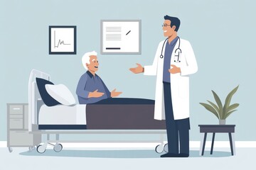Doctor visiting elderly patient in hospital room with medical equipment and plant on table
