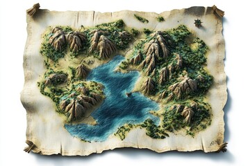 Detailed map of a mountainous region with a large lake