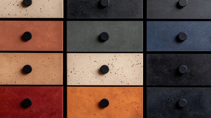 A collection of nine drawers, each with a unique color and black knob, arranged in a 3x3 grid.