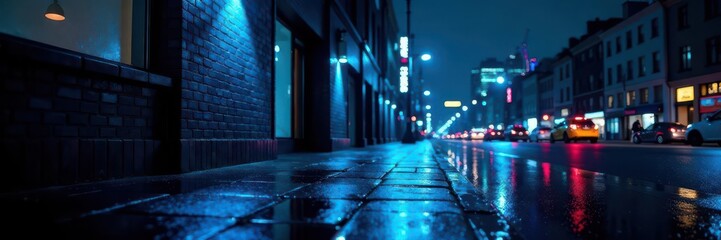 Gleaming blue neon reflects on black brick Modern city night scene , dark, image, urban