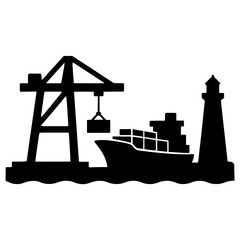 Shipping port logistics cargo container ship crane and lighthouse black silhouette vector illustration