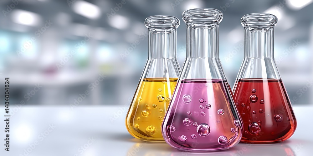 Aufkleber three erlenmeyer flasks filled with colorful liquids in a lab setting