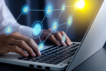 Person using laptop computer with digital network and global connection icons displayed