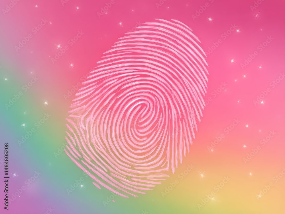 Poster abstract fingerprint design against a vibrant pastel background illustrating themes of identity priv