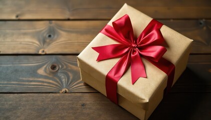 Fototapeta premium Oversized present in kraft wrapping on wooden surface , texture, wooden-surface
