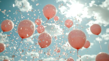 Fototapeta premium Pink balloons floating in the sky, confetti falling