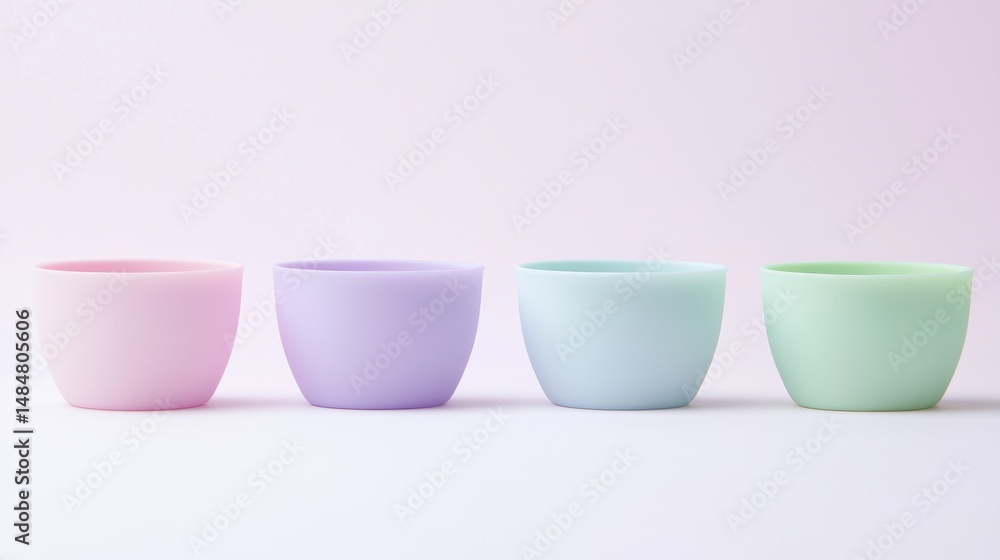 Poster four cups of different colors and shapes are arranged in a row.