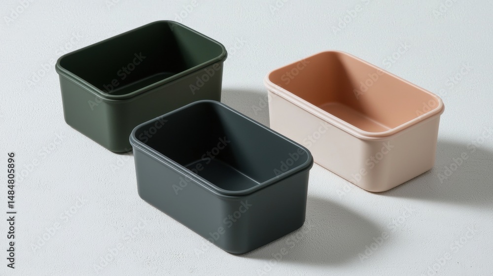 Poster three square containers of different colors and shapes.