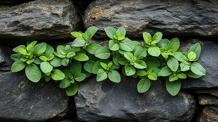 Lime-green leaves sprout from the branches of a resilient plant growing in the cracks of a weathered stone wall, a symbol of life's enduring power