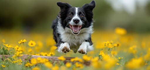 Obraz premium Joyful Border Collie Leaping Through Yellow Flowers