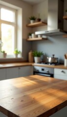 Fototapeta premium Polished wooden kitchen surface, blurred modern kitchen background, window light, background, domestic, modern