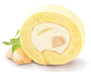 Thickly painted illustration of peach roll cake