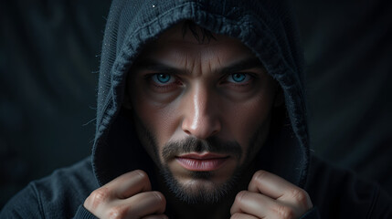 Fototapeta premium Portrait of a male criminal in a hood, dark background, remote fraud