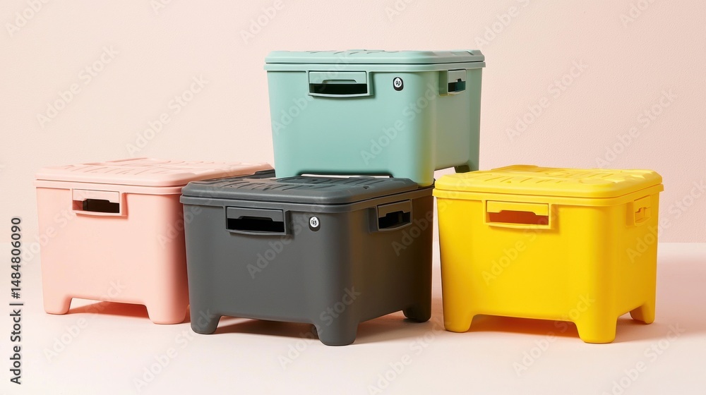 Poster a collection of five colorful storage containers in various sizes and colors.