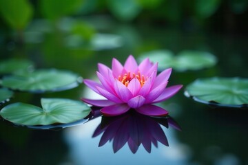 Purple lotus flower floats on calm water surface; copy space available Elegant natural scene , water lily, peace