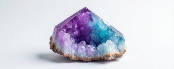 Raw fluorite geode with silver glitter, white backdrop, gemstone, image, occult