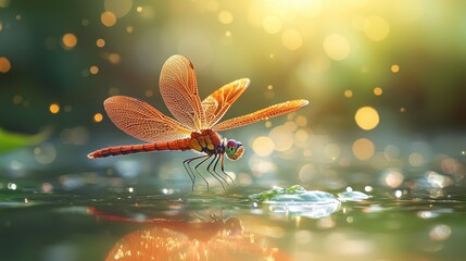 Naklejka premium Radiant dragonfly poised over water